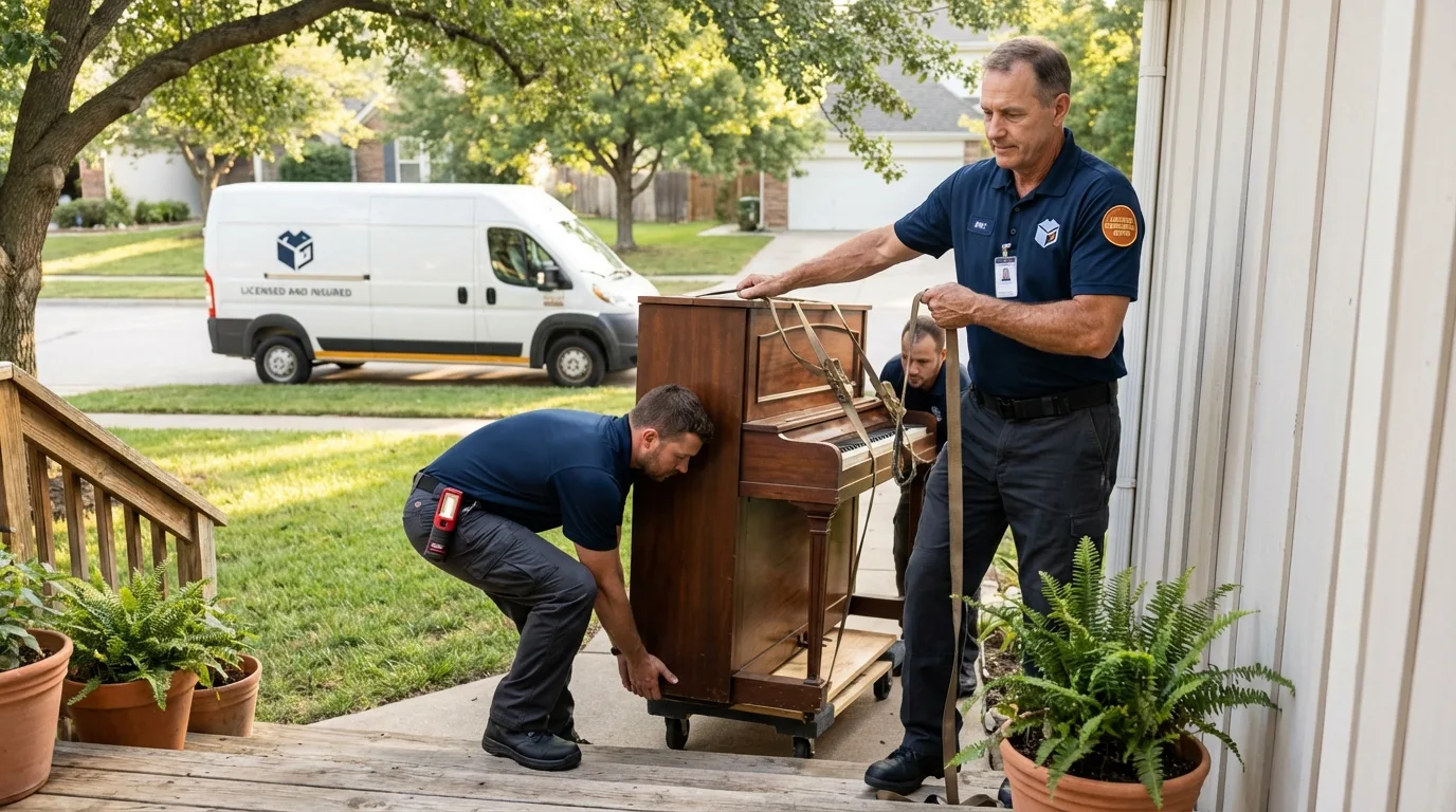 Licensed piano movers securing grand piano in Garnett, KS