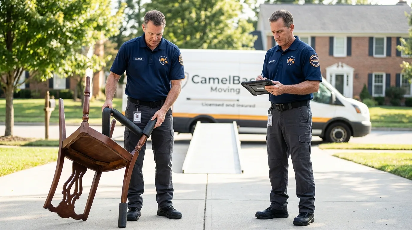 Movers inspecting furniture for damage prevention before loading in Garnett, KS
